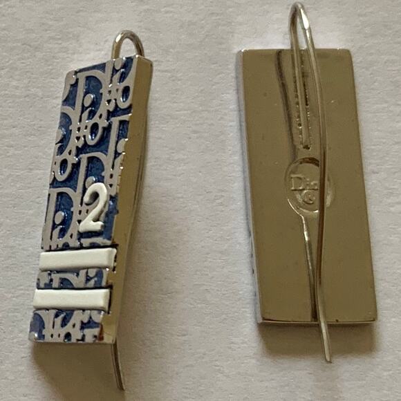 Authentic Christian Dior trotter logo blue white and silver earrings rectangular - Picture 2 of 4